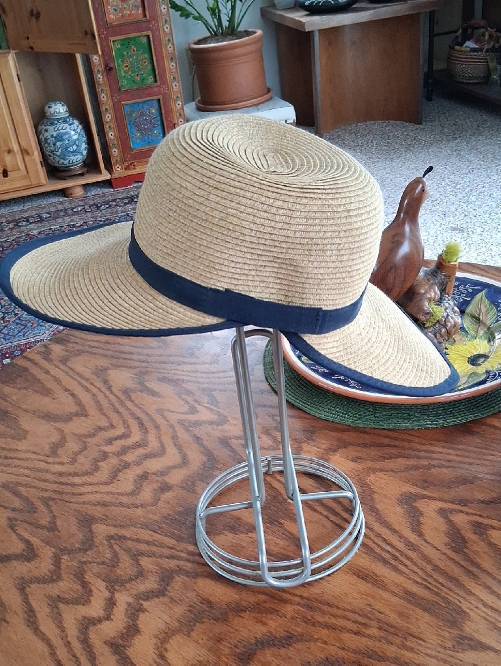 Sun And Sand Rafia Navy Trim  Backless Wide Brim Summer Beach Hat - Picture 6 of 9